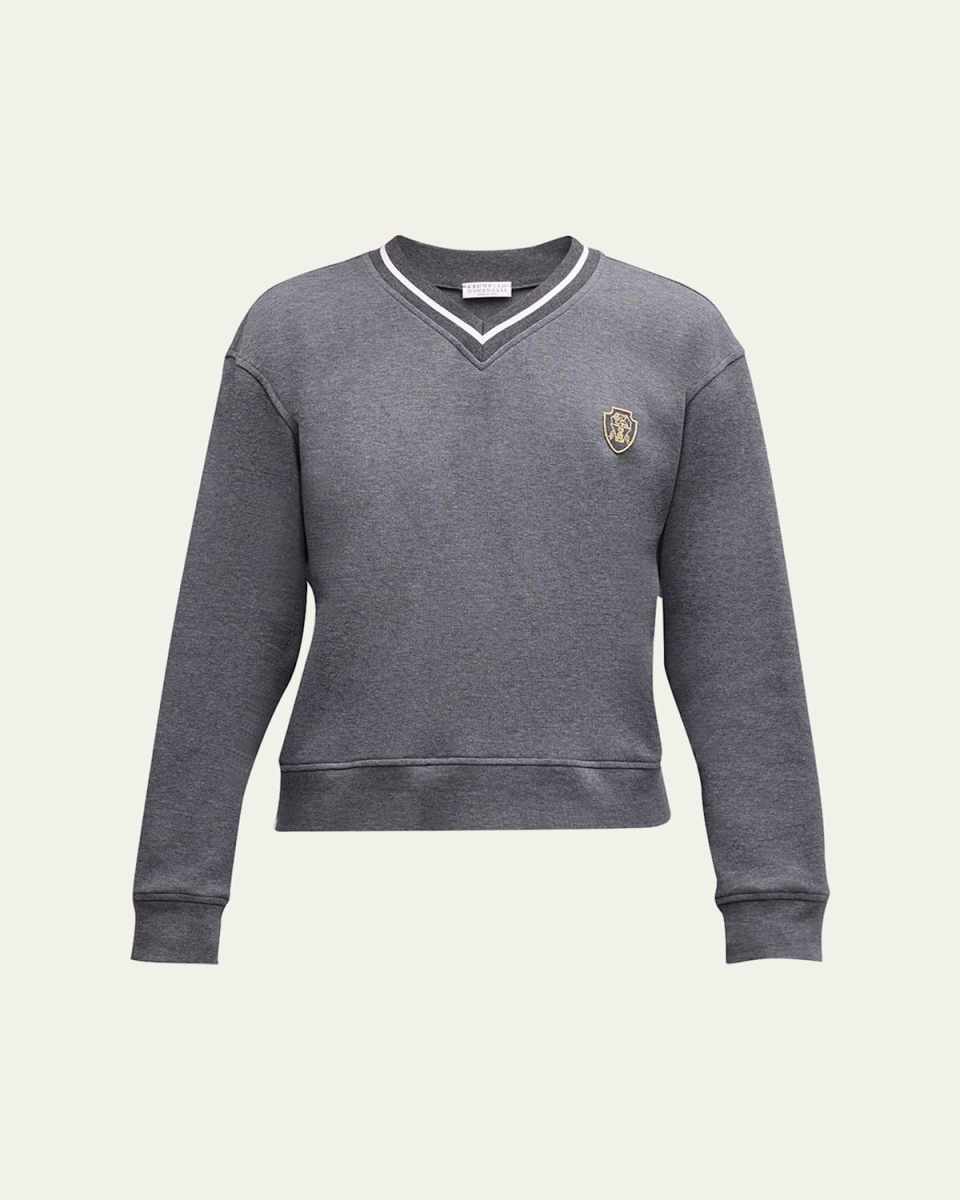 Crest-Embroidered Striped V-Neck Piquet Fleece Sweatshirt